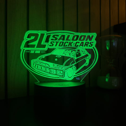 2L Saloon Stock Cars Est 1968 LED night light glowing green on black base