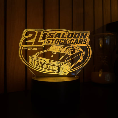 2L Saloon Stock Cars LED night light yellow glow showing laser engraved saloon car detail