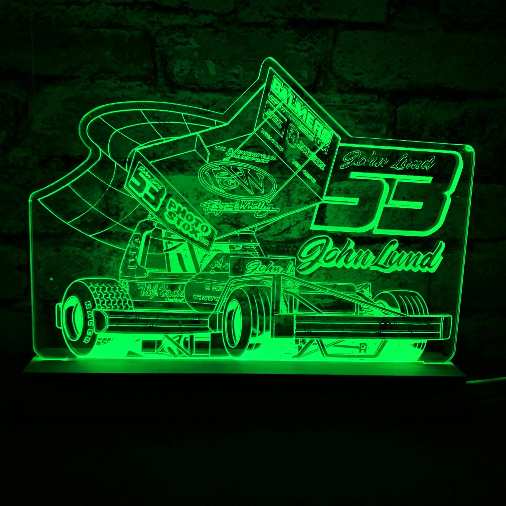 John Lund 53 Brisca F1 Night Light - Large Wooden Base - Night Light - Stock Car & Banger Toy Tracks