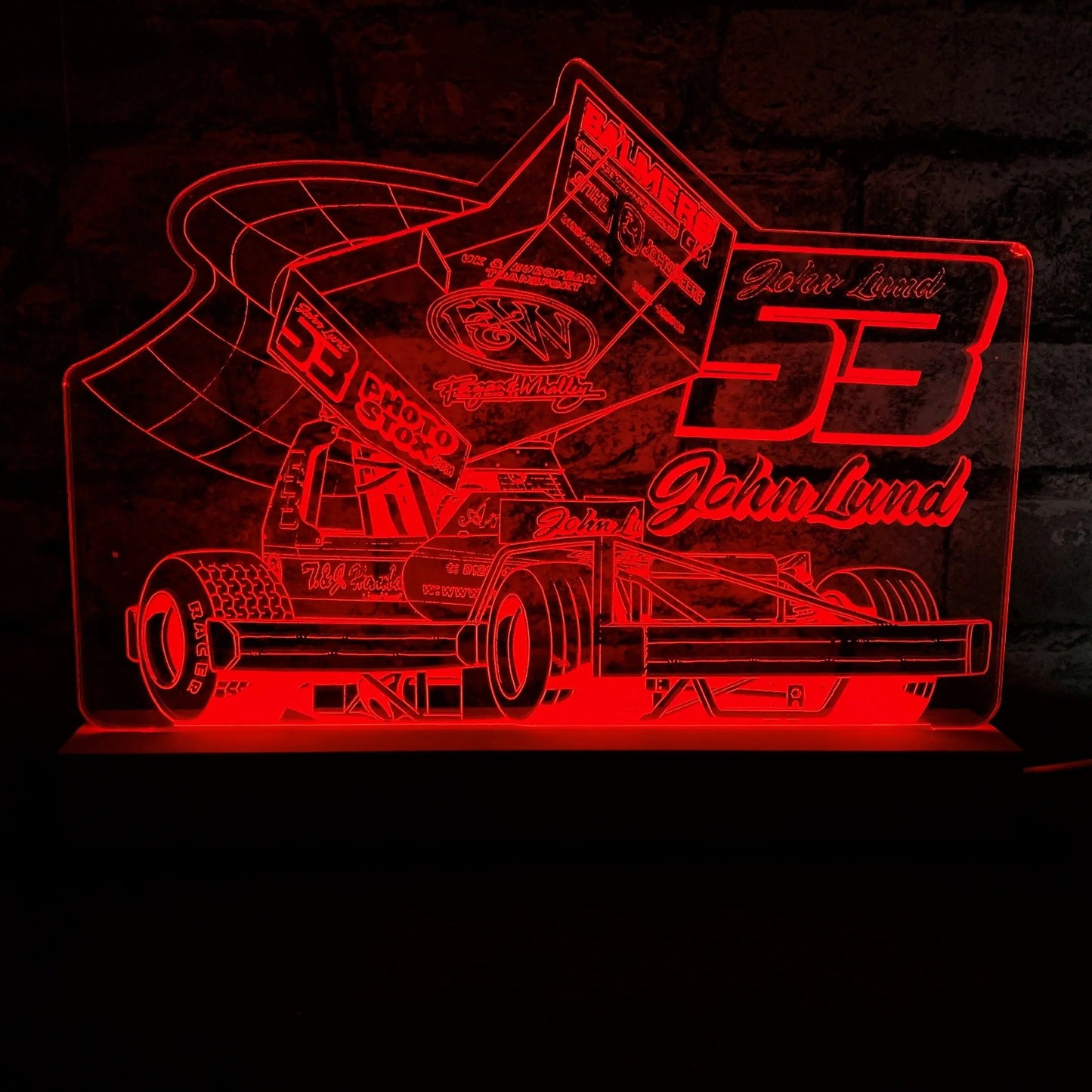 John Lund 53 Brisca F1 Night Light - Large Wooden Base - Night Light - Stock Car & Banger Toy Tracks