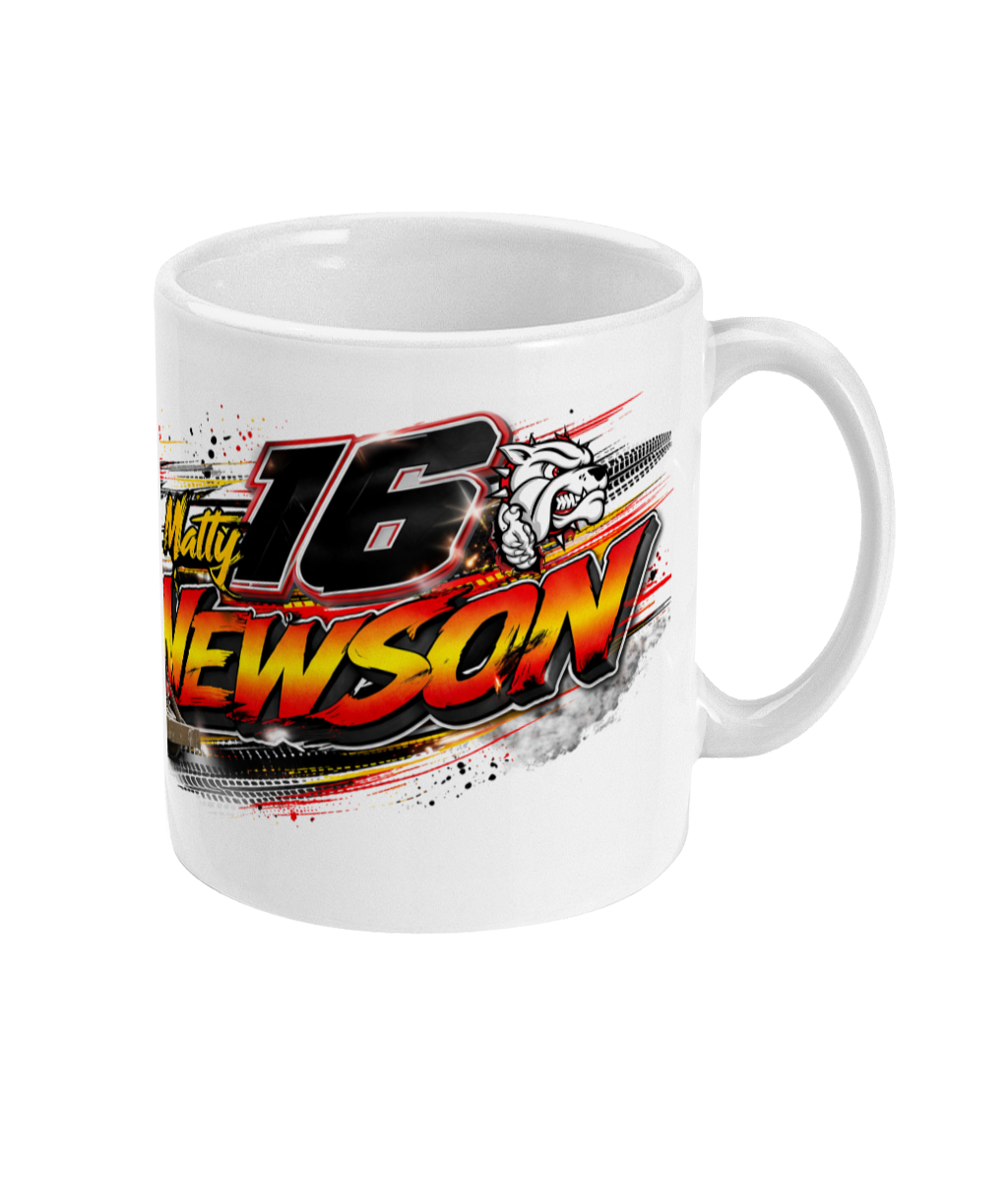 Matty Newson 16 Brisca F1 stock car mug — side view featuring bulldog logo and number 16