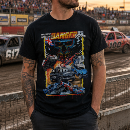 Man wearing No Limits No Regrets banger racing t-shirt in black — front view showing skull and banger car crash design at a race track.