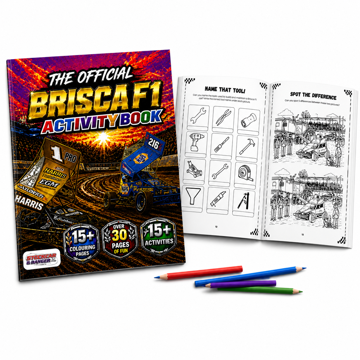 BRISCA F1  stockcar racing merchandise Activity Book with colouring pages and pencils on a white background