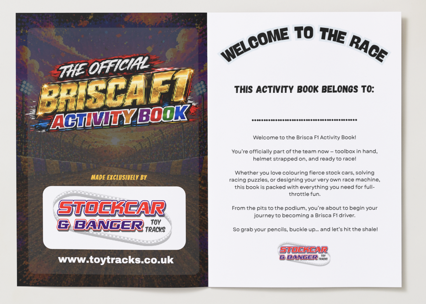 Brisca F1 activity book with colorful design and text on a white background
