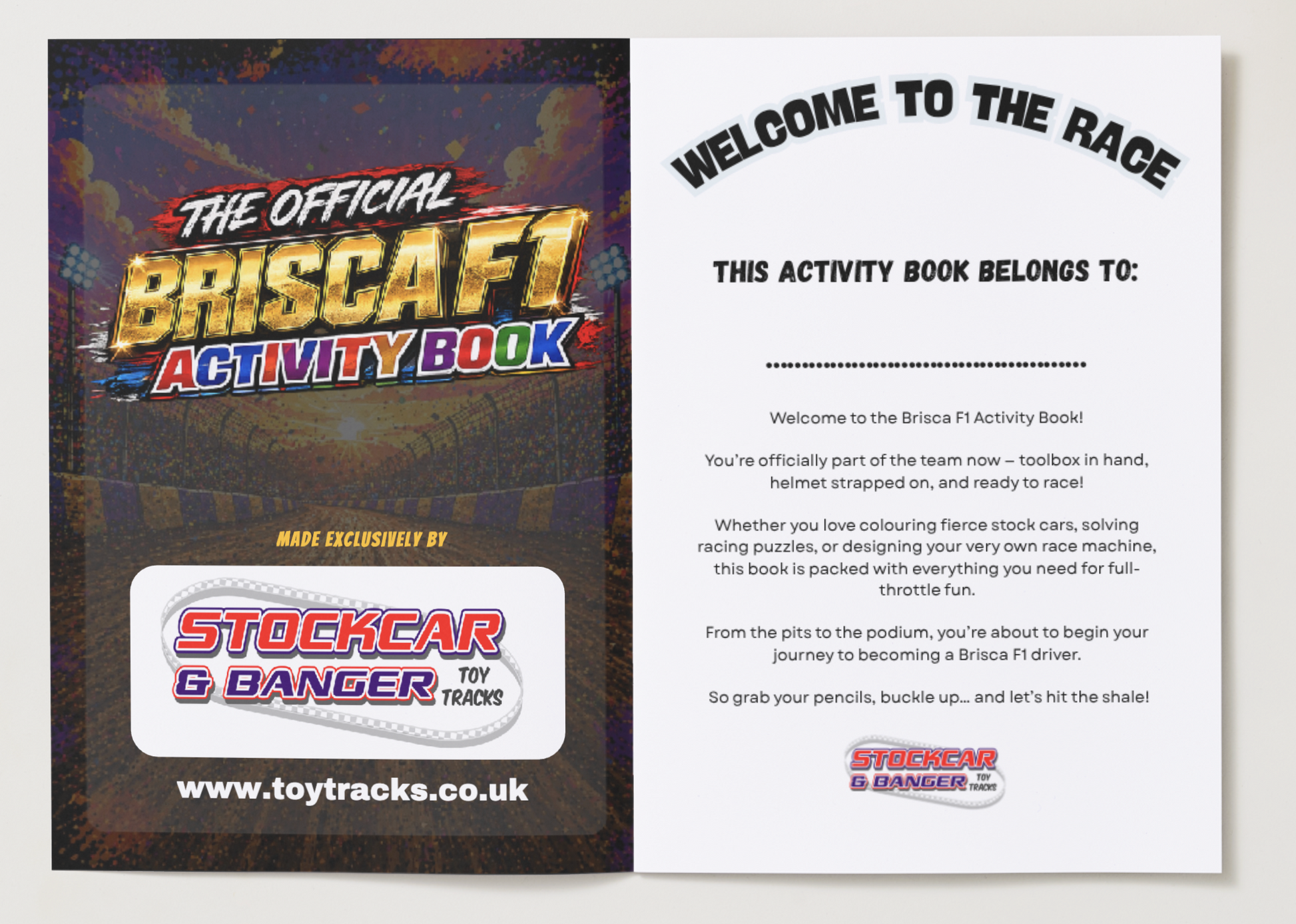 Brisca F1 activity book with colorful design and text on a white background