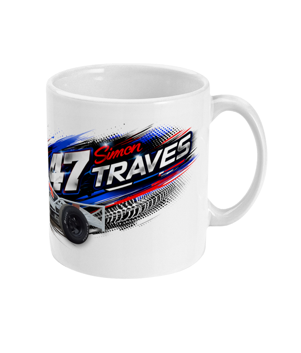 Simon Traves 47 Brisca F1 stock car mug — side view with Simon Traves name and halftone design