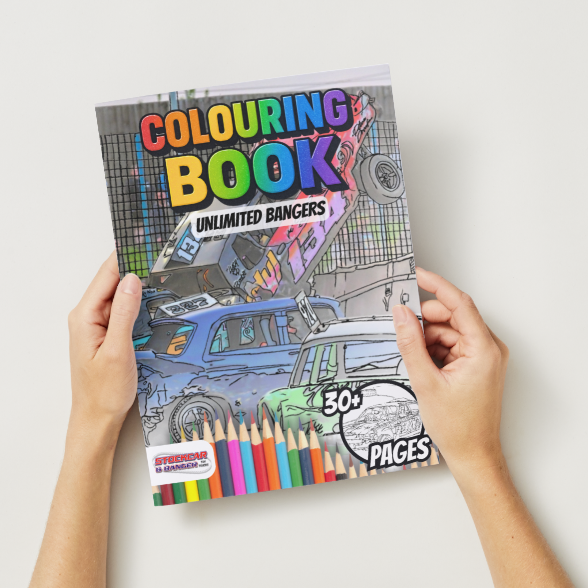  Banger Racing Colouring Book front cover featuring stock cars, banger crash artwork, and bold title – 32 pages of racing-themed colouring