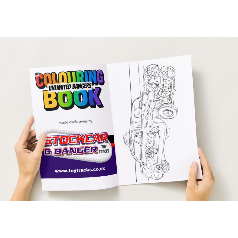 nside cover of the Banger Racing Colouring Book showing “Made exclusively by Stock Car and Banger Toy Tracks” with brand logo