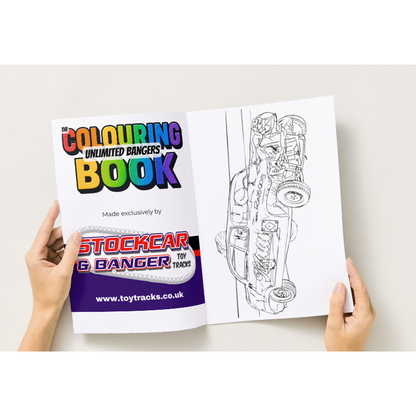 nside cover of the Banger Racing Colouring Book showing “Made exclusively by Stock Car and Banger Toy Tracks” with brand logo