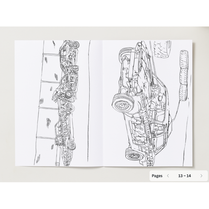 Hand-drawn colouring page of a popular banger driver in their car - 341 Jonesy. Ready to race on a dirt oval track