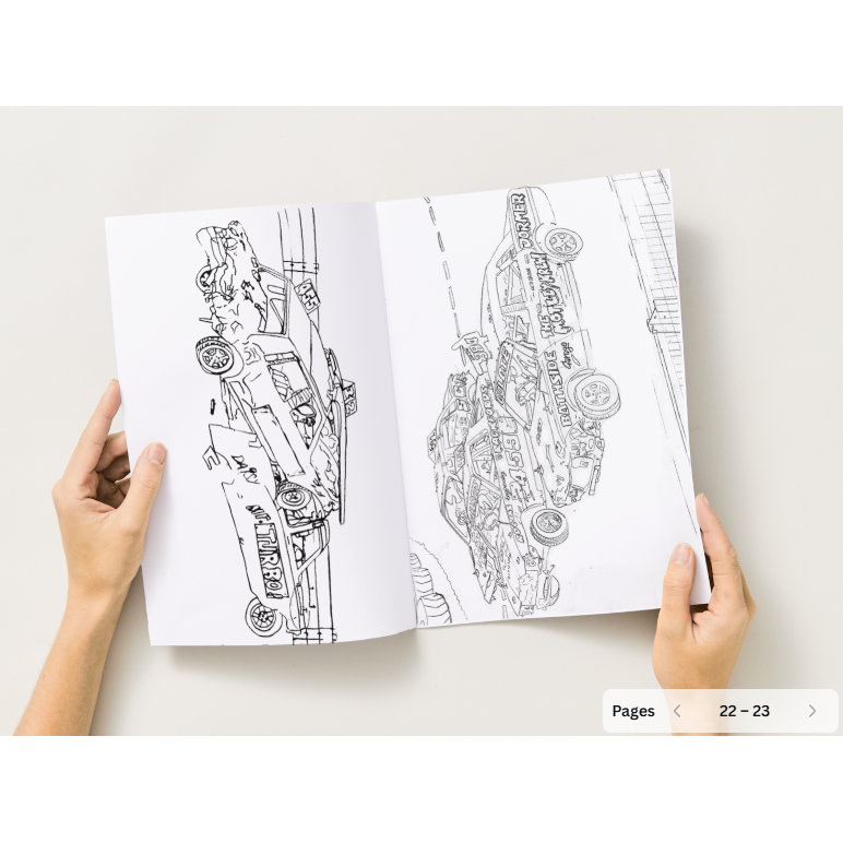 Black and white colouring page showing a dramatic banger racing crash with two cars colliding on an oval track