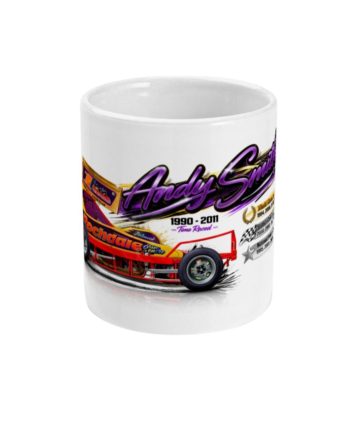 Andy Smith 391 Brisca F1 stock car mug — front view with Andy Smith name and 1990 to 2011 career span