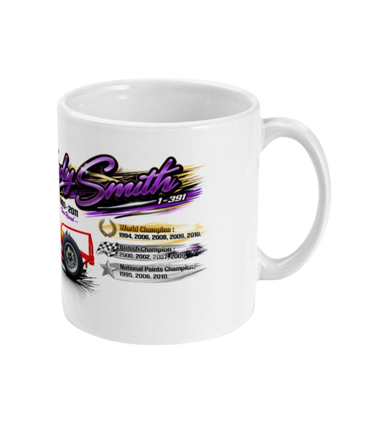 Andy Smith 391 Brisca F1 stock car mug — side view showing World British and National Points championship titles