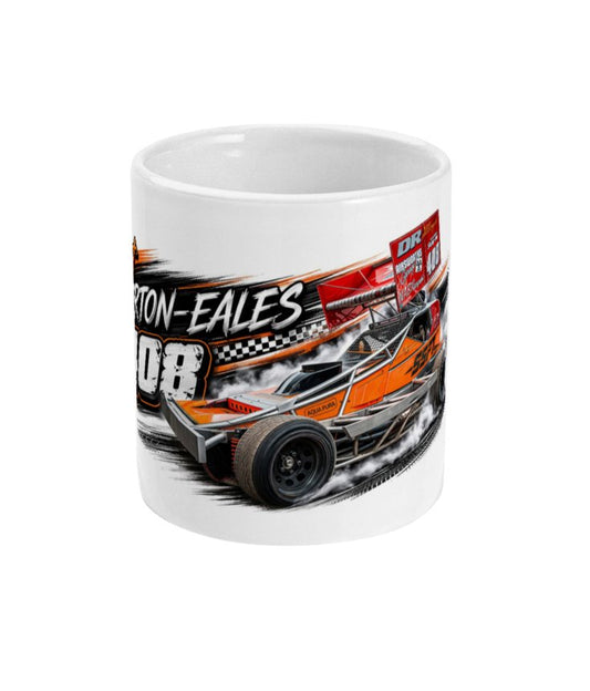 Ant Whorton-Eales 408 Brisca F1 stock car mug — front view showing orange car and number 408