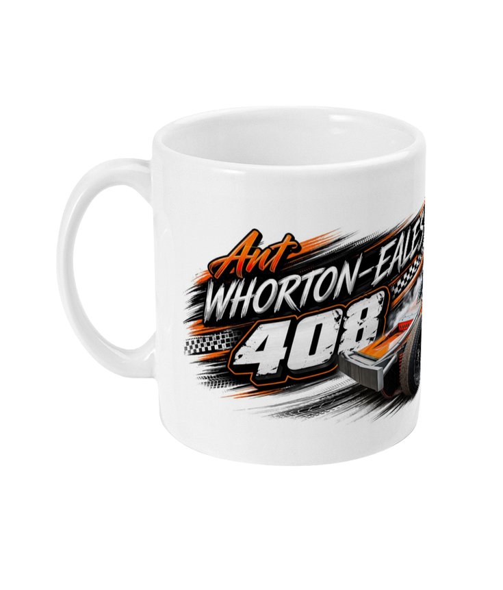 Ant Whorton-Eales 408 Brisca F1 stock car mug — side view with name and number in orange and black