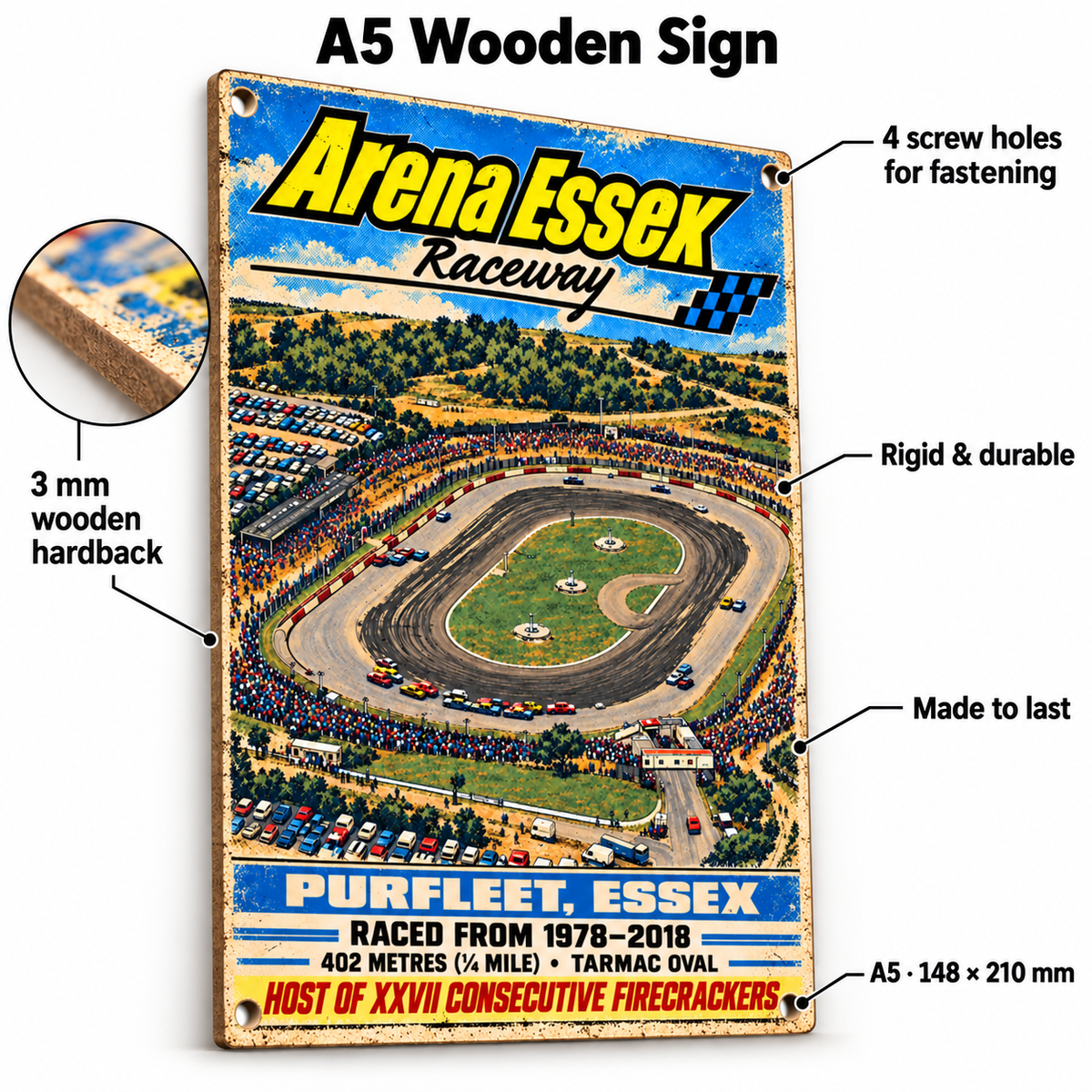 Arena Essex Raceway A5 wooden retro sign – 3 mm wooden hardback and four screw holes