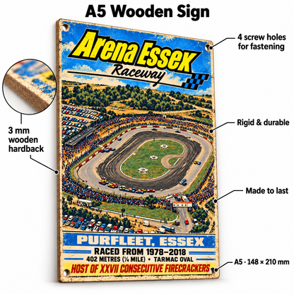 Arena Essex Raceway A5 wooden retro sign – 3 mm wooden hardback and four screw holes