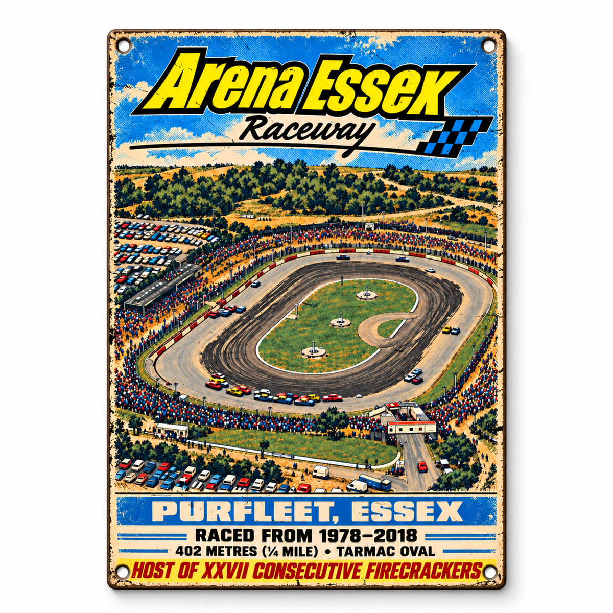 Arena Essex Raceway A5 wooden retro sign – front view on white background