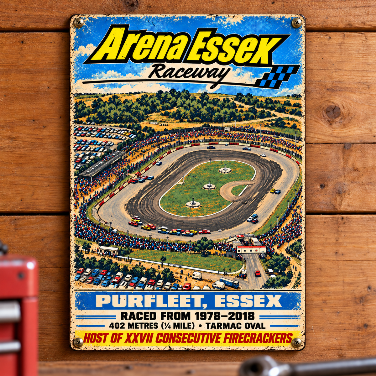 Arena Essex Raceway A5 wooden retro sign – mounted on a workshop wall
