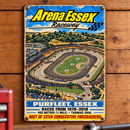 Arena Essex Raceway A5 wooden retro sign – mounted on a workshop wall