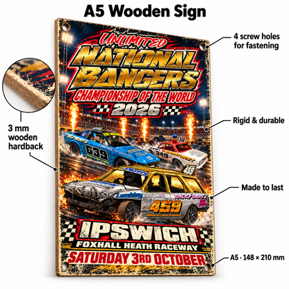 Unlimited National Bangers World Final 2026 A5 wooden retro sign – 3 mm wooden hardback and four screw holes