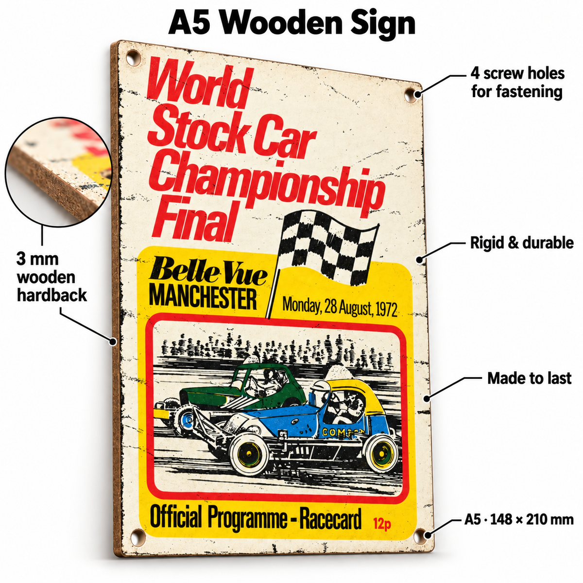 Belle Vue World Final 1972 A5 wooden retro sign – 3 mm wooden hardback and four screw holes