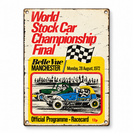 Belle Vue World Final 1972 A5 wooden retro sign – front view on white background