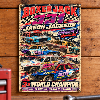Boxer Jack 331 Jason Jackson A5 wooden retro sign – mounted on a workshop wall