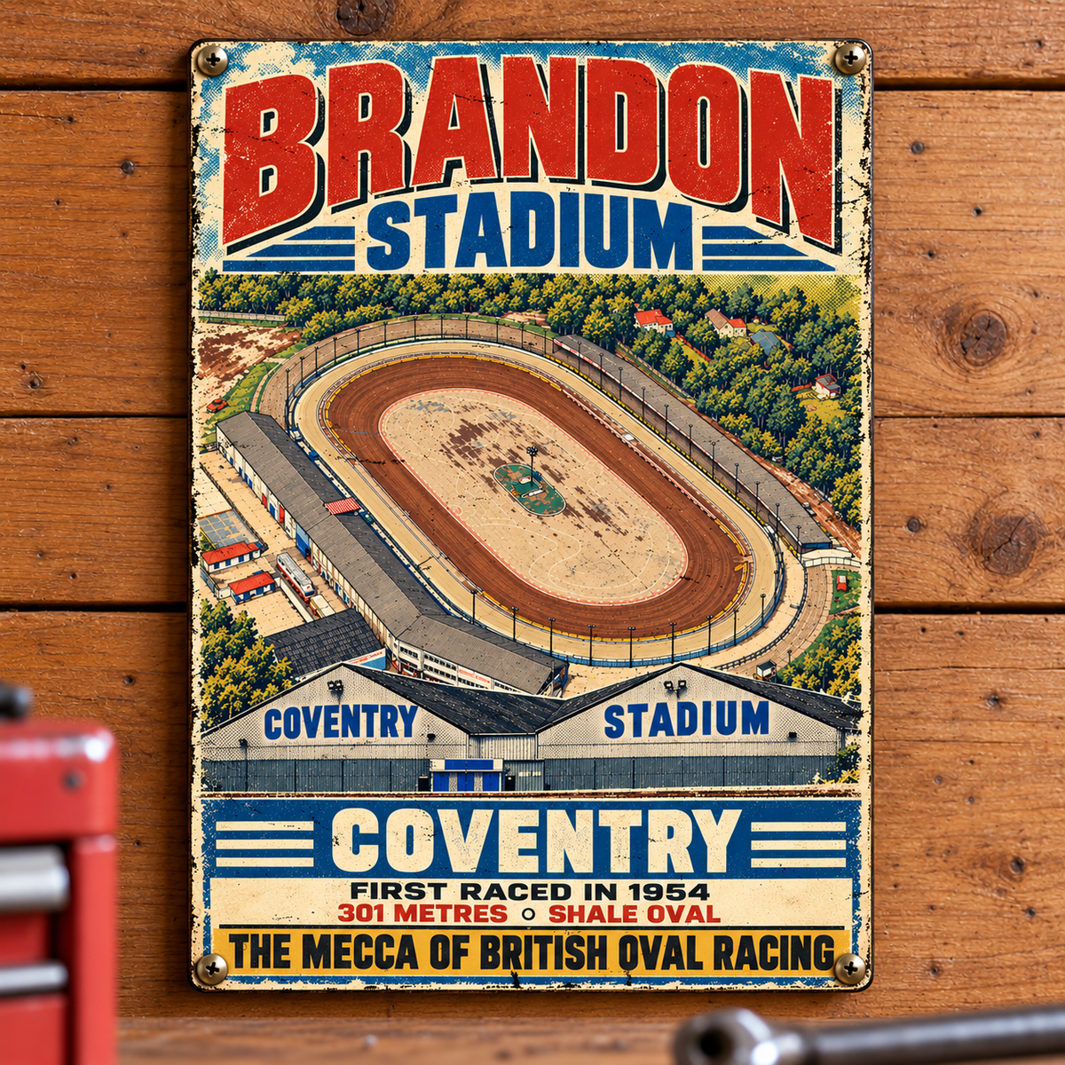 Brandon Coventry Stadium A5 wooden retro sign – mounted on a workshop wall