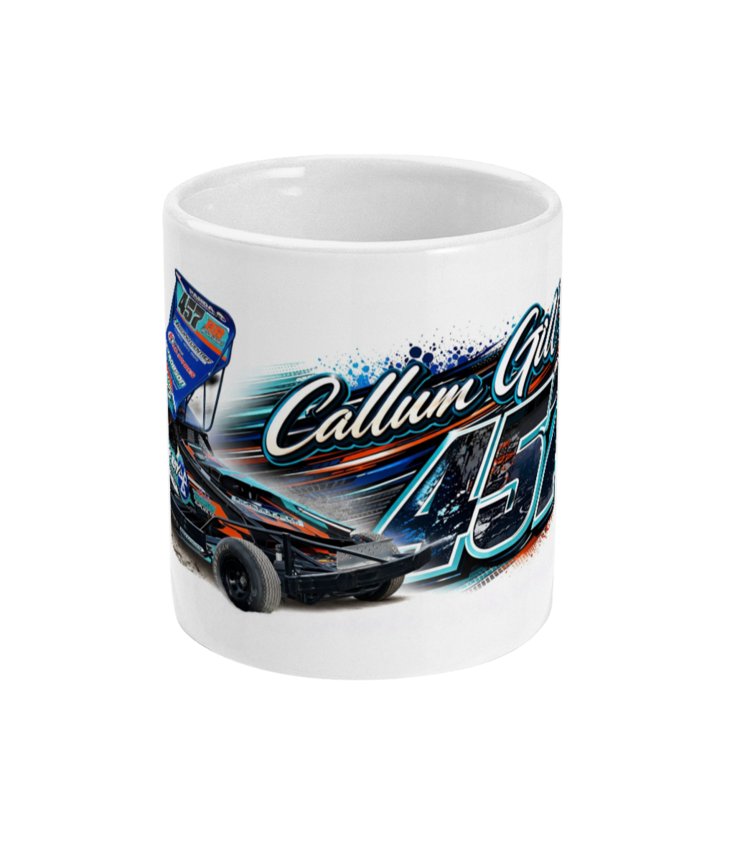 Callum Gill 457 Brisca F1 stock car mug — front view with Callum Gill name and number 457 in teal