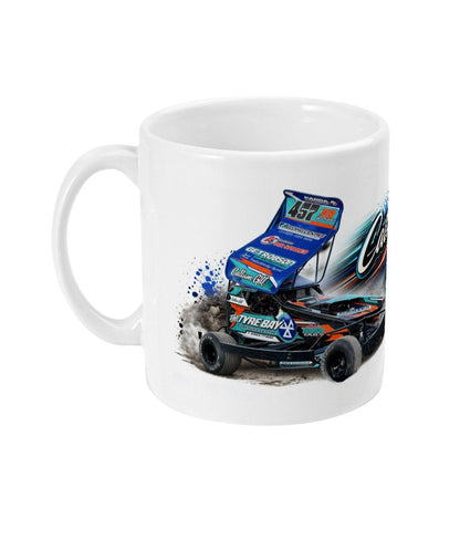 Callum Gill 457 Brisca F1 stock car mug — side view showing teal and dark blue car in action on shale