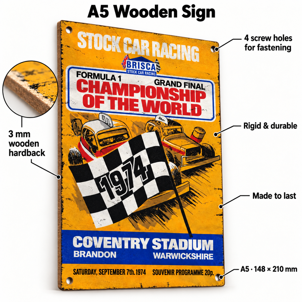 Coventry World Final 1974 A5 wooden retro sign – 3 mm wooden hardback and four screw holes