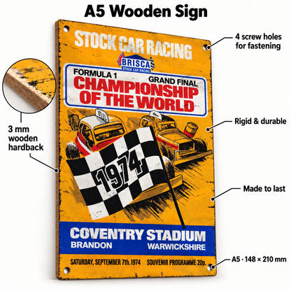 Coventry World Final 1974 A5 wooden retro sign – 3 mm wooden hardback and four screw holes