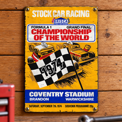 Coventry World Final 1974 A5 wooden retro sign – mounted on a workshop wall