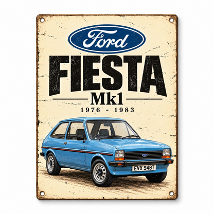 Ford Fiesta Mk1 A5 wooden retro sign – front view on white background