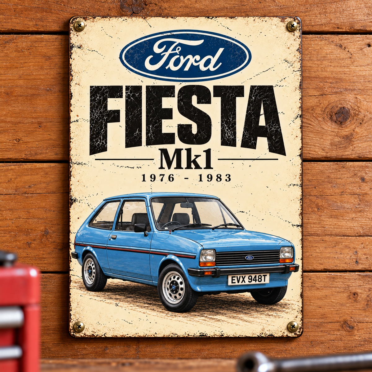 Ford Fiesta Mk1 A5 wooden retro sign – mounted on a workshop wall