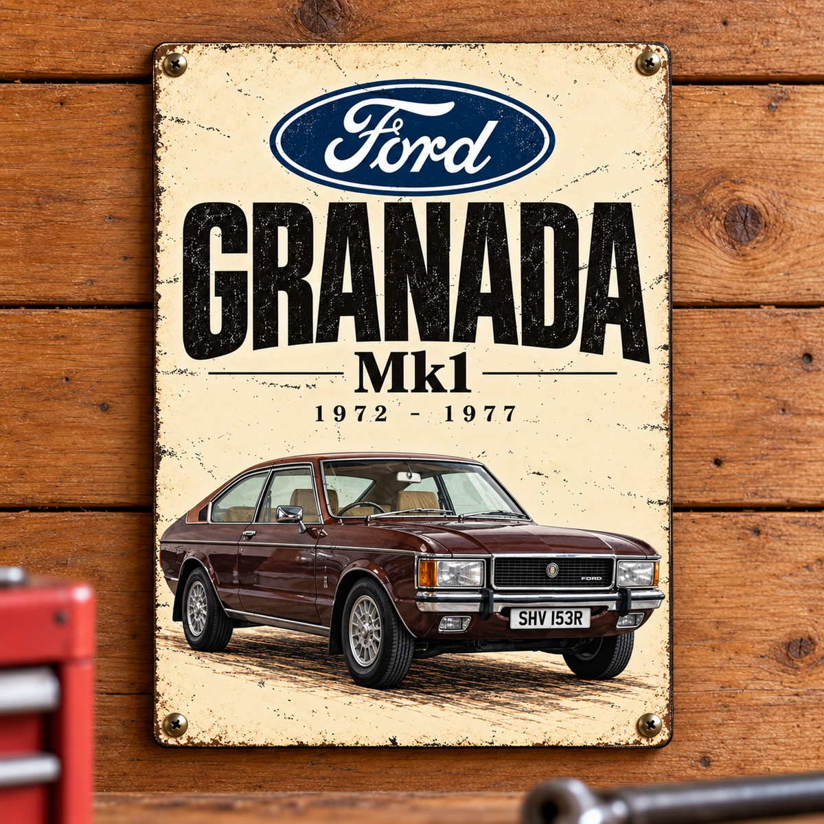Ford Granada Mk1 A5 wooden retro sign – mounted on a workshop wall