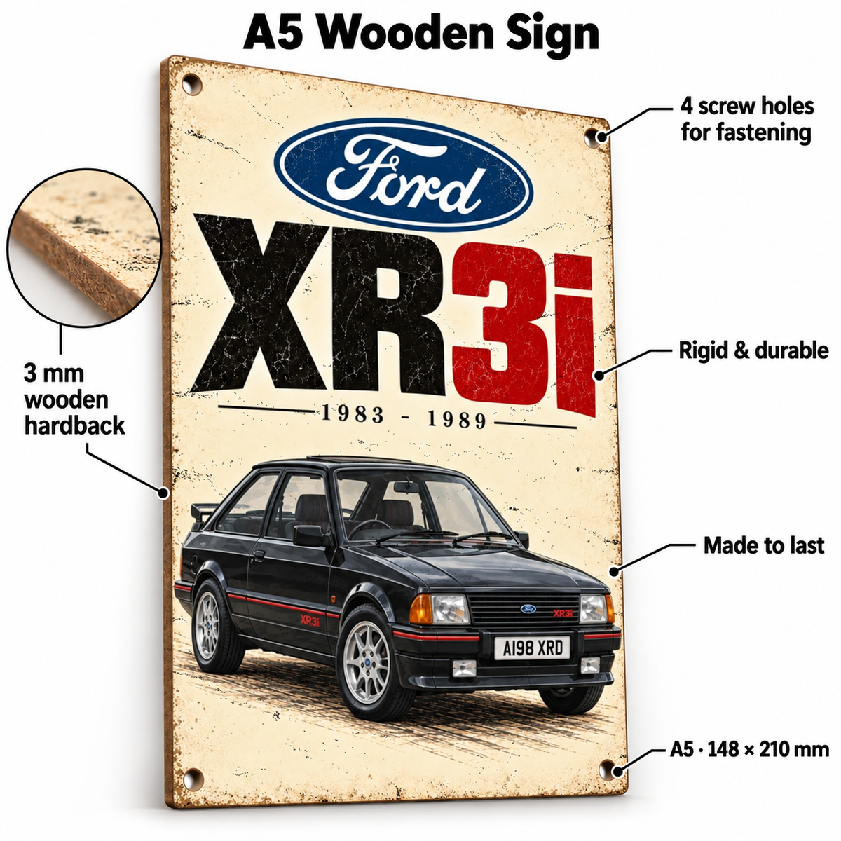 Ford XR3i A5 wooden retro sign – 3 mm wooden hardback and four screw holes