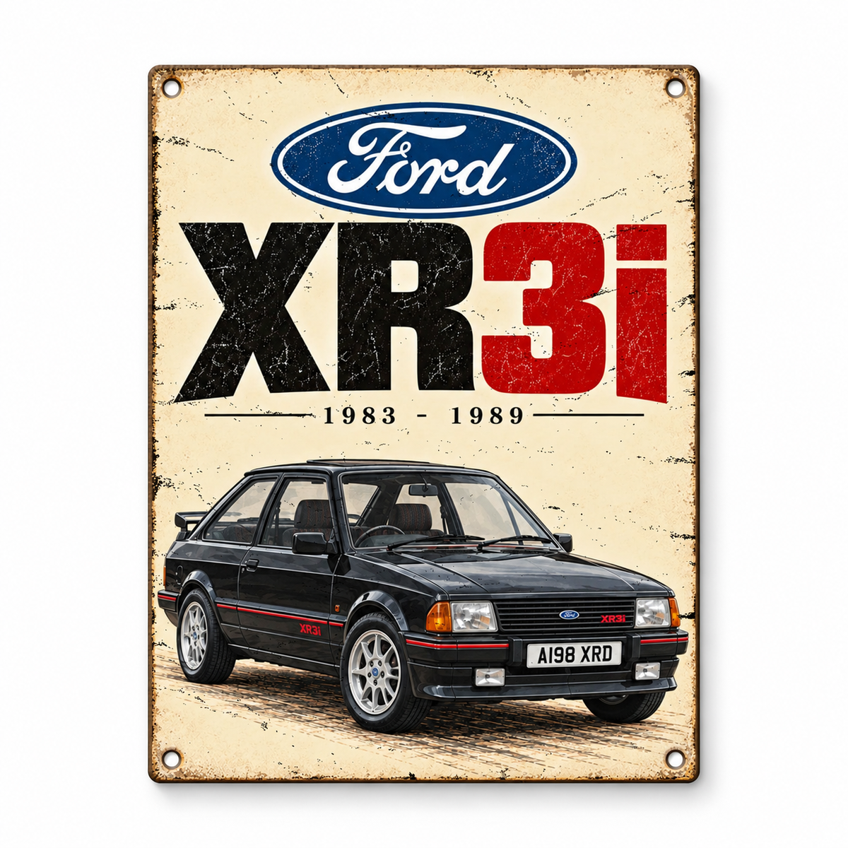 Ford XR3i A5 wooden retro sign – front view on white background