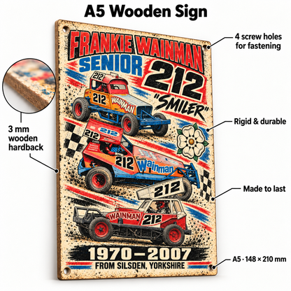 212 Frankie Wainman Senior A5 wooden retro sign – 3 mm wooden hardback and four screw holes