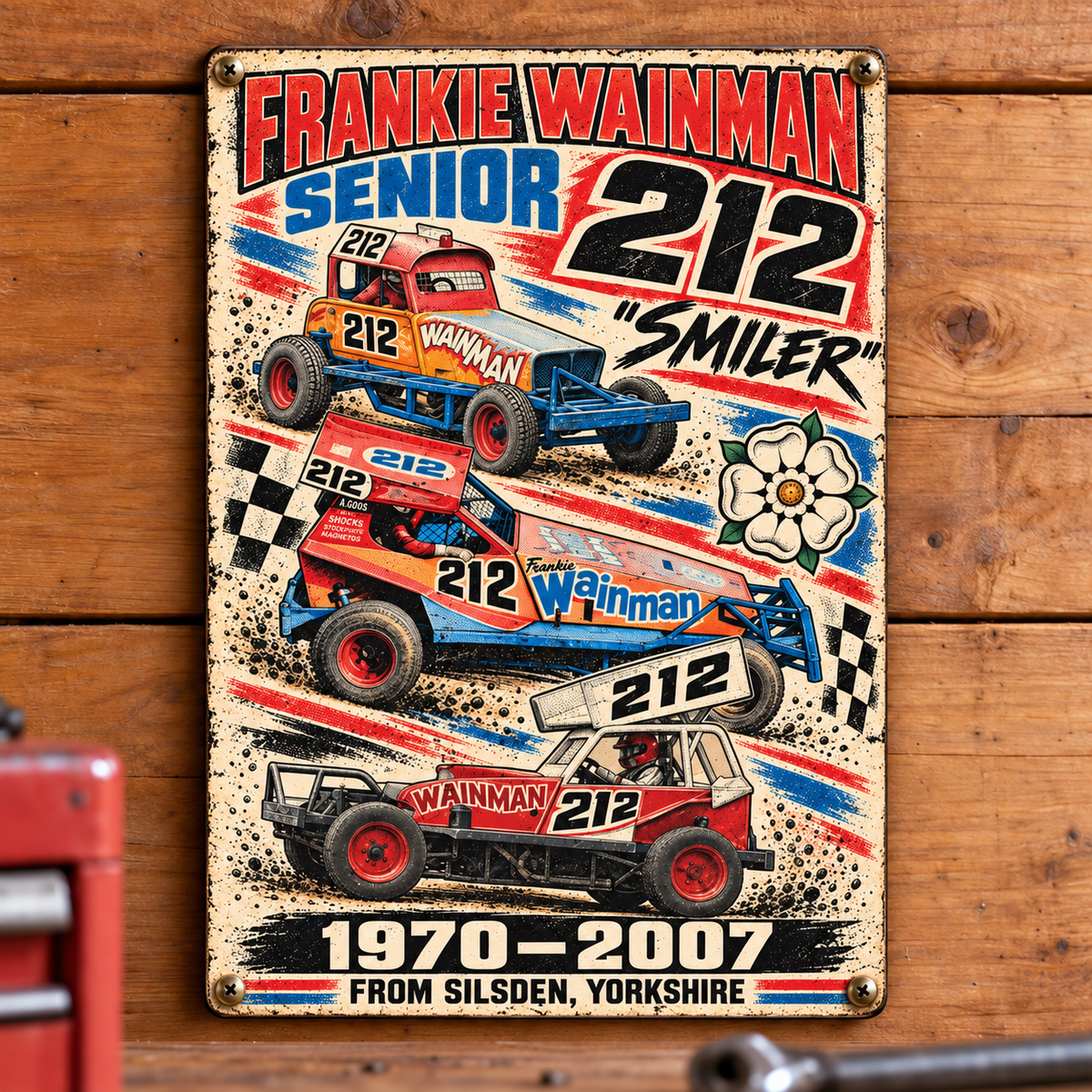 212 Frankie Wainman Senior A5 wooden retro sign – mounted on a workshop wall