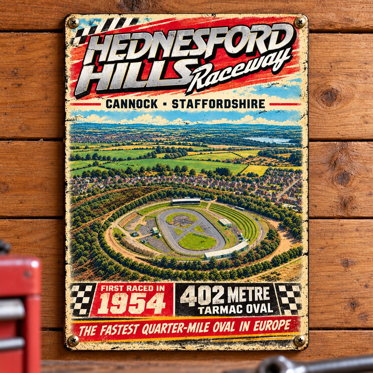 Hednesford Hills Raceway A5 wooden retro sign – mounted on a workshop wall