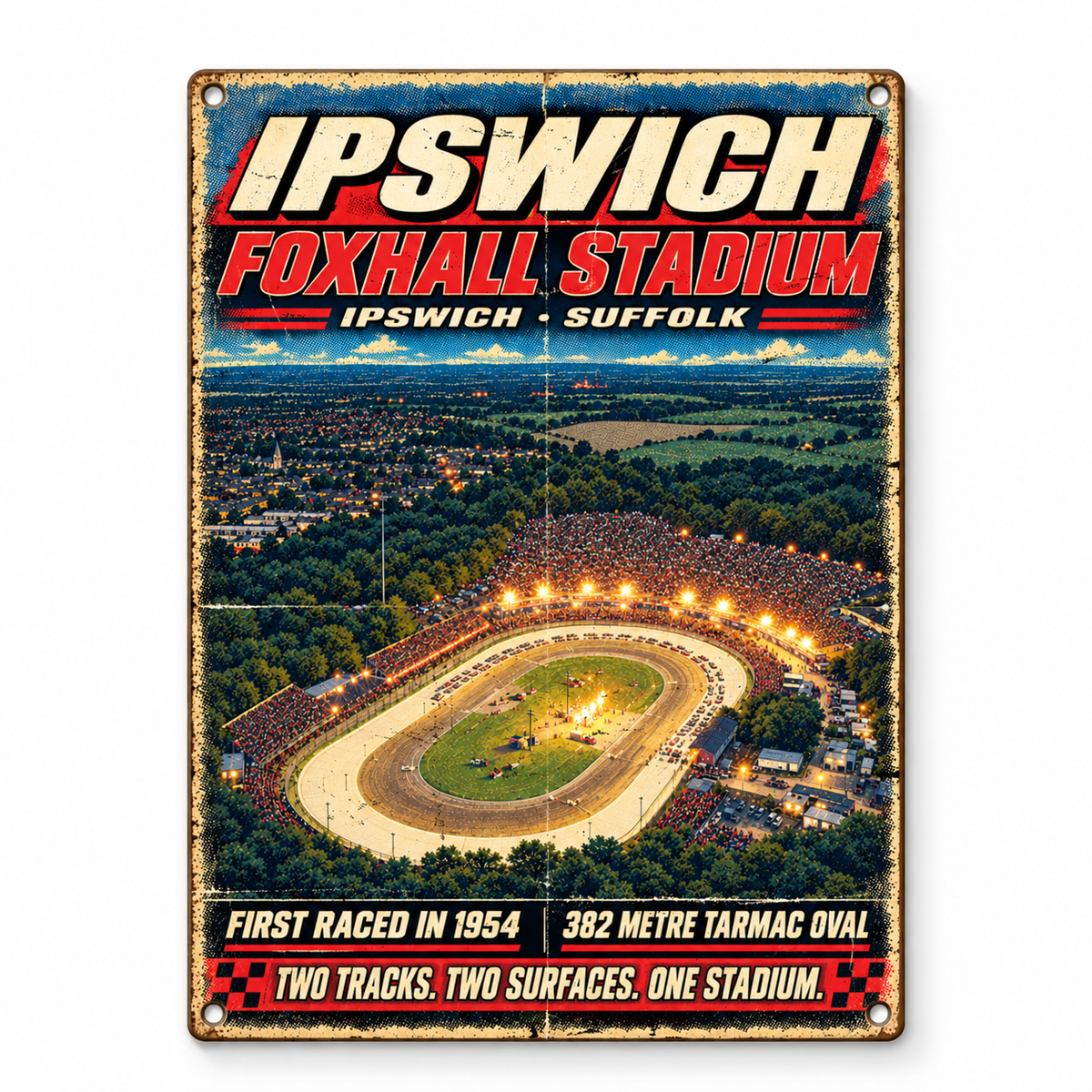 Ipswich Foxhall Stadium A5 wooden retro sign – front view on white background