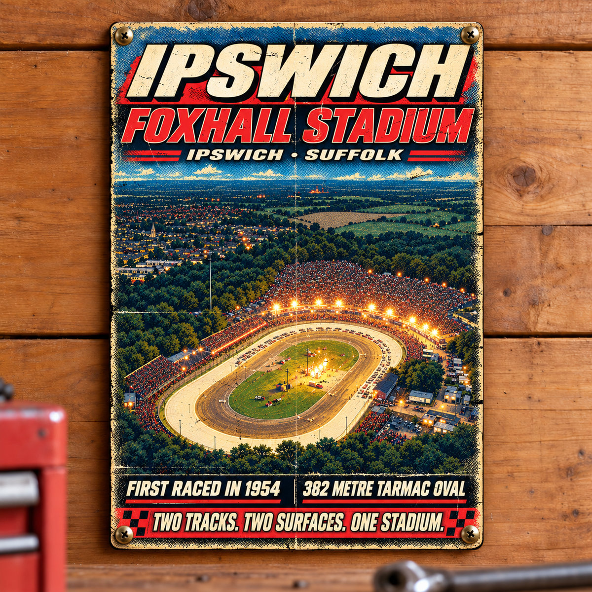 Ipswich Foxhall Stadium A5 wooden retro sign – mounted on a workshop wall