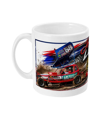 John Lund 53 Brisca F1 stock car mug — side view showing red and blue car in action on shale