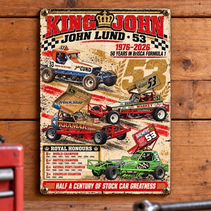 53 John Lund A5 wooden retro sign – mounted on a workshop wall
