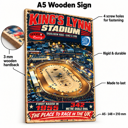 King’s Lynn Stadium A5 wooden retro sign – 3 mm wooden hardback and four screw holes