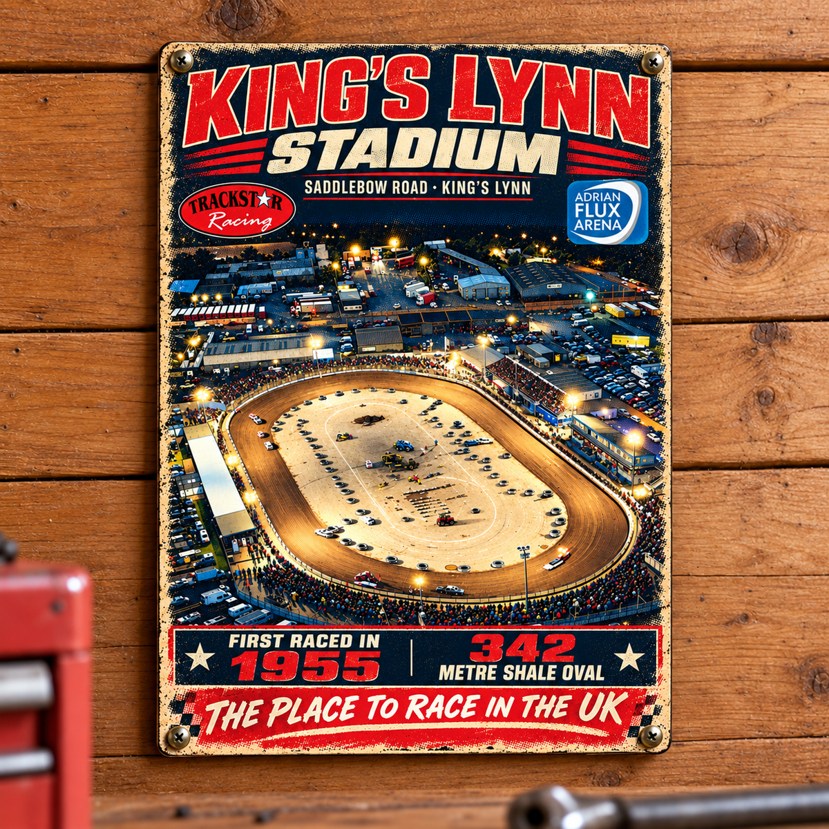 King’s Lynn Stadium A5 wooden retro sign – mounted on a workshop wall