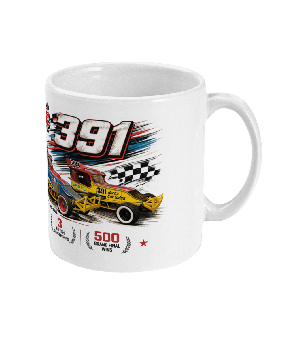 Stu Smith 391 Super Stu Brisca F1 legend heritage mug — side view with Hertz Car Sales car and 500 Grand Final wins stat