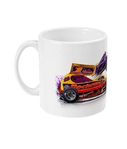 Andy Smith 391 Brisca F1 stock car mug — side view showing purple and gold Rochdale car with gold roof number 1